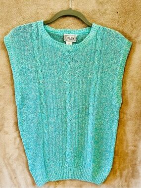 Vintage Evian Cable Knit Sweater Vest Silk Angora Blend Teal Size M